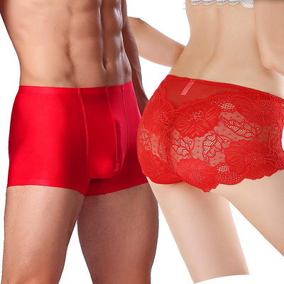 夏季情侶內褲冰絲男士平角褲女士性感透明低腰蕾絲三角褲紅色誘惑