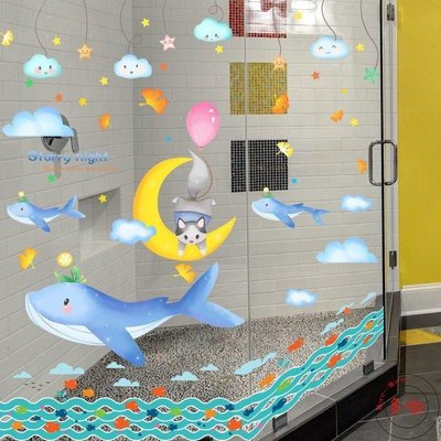熱銷 #新款上架#精選熱賣款創意卡通海洋魚玻璃門貼紙浴室衛生間瓷磚裝飾墻防水貼畫壁紙自粘-