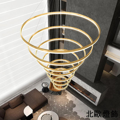 客廳吊燈現代簡約 復式樓梯大廳金色圓圈環形藝術工程網紅燈具