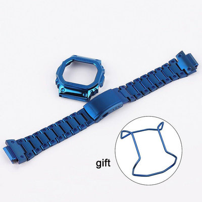 卡西歐不銹鋼錶帶套裝 鈦合金迷彩藍色錶帶錶殼 用於卡西歐 G-SHOCK DW5600 DW5000 DW5035-台北之家