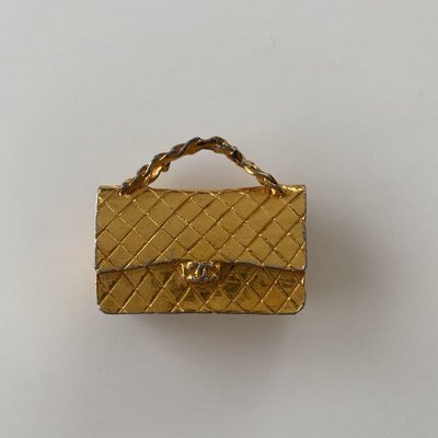 Chanel vintage香奈兒復古金黃色經典菱格紋coco包造形cc標誌古董墜飾 加鏈子項鍊改胸針