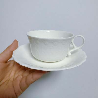 【二手】【日本回流】Narumi鳴海金標骨瓷白色蕾絲浮雕咖啡杯 瓷質36663【古玩天下】哥窯 鈞窯 汝窯