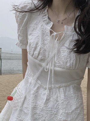 現貨熱銷-法式白色連衣裙女夏季新款收腰顯瘦泡泡袖超仙甜美氣質初戀小裙子