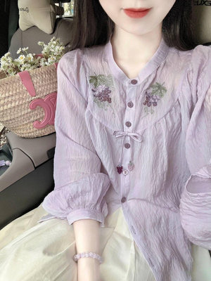 法式復古葡萄刺繡紫色襯衫女夏季薄款設計感小眾氣質寬松圓領上衣~佳樂優選
