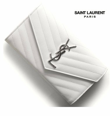 Saint Laurent Paris YSL ( 白色×金屬銀色) 真皮防刮壓紋兩摺長夾 皮夾 錢包｜100%全新正品｜特價