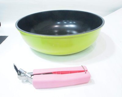 二手,韓國 CERACOAL 鋁合金陶瓷 炒鍋,煮鍋 / 28公分 /黃綠色 / 附活動式鍋把
