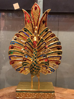 東南亞裝飾、泰國進口實木雕刻貼金箔金孔雀擺件大號