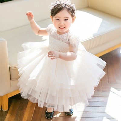 【折扣優惠】韓版高腰兒童週歲白色公主裙 花童婚紗禮服女蓬蓬裙紗裙表演服女  滿599免運