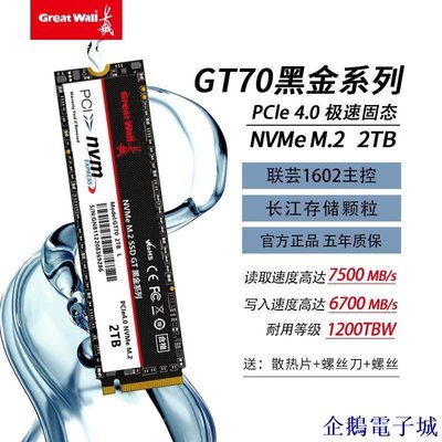 企鵝電子城長城GT70 2TB SSD固態硬碟M.2 支持PS5 NVMe協議 高速PCIe 4.0 X4 BTMJ