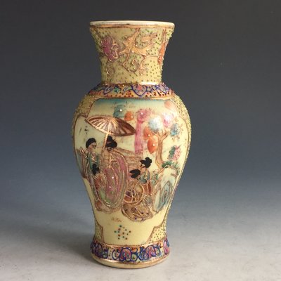 【松果坊】日本薩摩燒 青粒描金人物 花瓶 花器 日本古瓷 茶席配件 s325b
