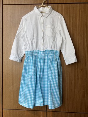 《Mila挖寶箱》85成新。女童GU白襯衫七分袖拼藍格裙洋裝（尺寸150)