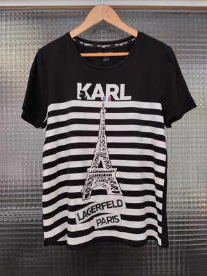 法國品牌設計師 Karl Lagerfeld 卡爾·拉格斐黑色巴黎鐵塔圓領短袖休閒T恤上衣（女）XL