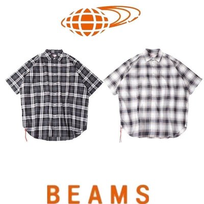 現貨熱銷-BEAMS JAPAN純棉日系寬松廓形紅繩短袖格子襯衫男女 滿千免運