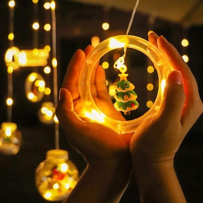 熱銷 窗簾燈圣誕節燈串圓環星星造型燈防水裝飾燈皮線燈太陽能LED彩燈
