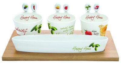 點點蘑菇屋 義大利Easy Life Design陶瓷開胃菜組(含3個碗、6支叉子和竹製托盤) 沙拉碗 點心碗 附禮盒