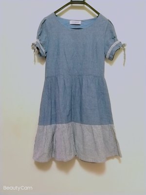【CHIMOMO】CUMAR灰藍色麻紗拼接短袖洋裝 短袖長版洋 短袖休閒洋裝
