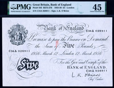 英國 英格蘭銀行經典白鎊系列 1956年版 5鎊 PMG 45！ 紙鈔 錢幣 紀念鈔【奇摩優選】