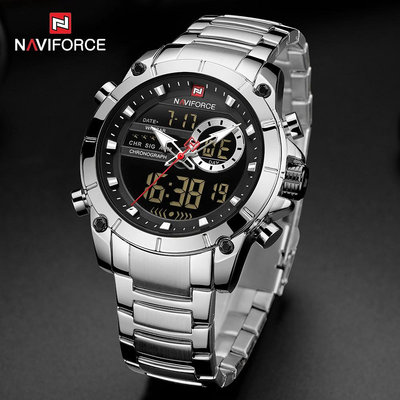 Naviforce 9163 時尚休閒石英手錶男士不銹鋼男士軍用 Led 時鐘男防水手錶