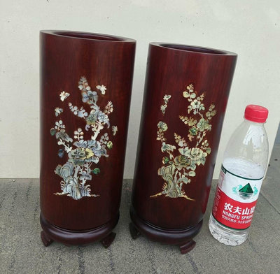 【二手】越南鐵梨木花瓶擺件 畫筒毛筆筒插花瓶  鑲嵌精美的貝殼花32748【李掌櫃】古玩 收藏 古董