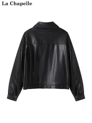 現貨：拉夏貝爾/La Chapelle黑色皮衣外套女秋季新款機車服寬松翻領外套