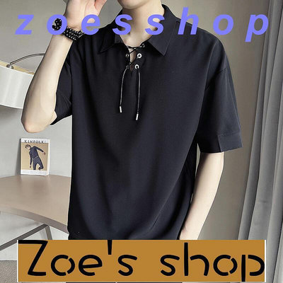 zoe-翻領抽繩polo衫男短袖夏季薄款修身半袖港風男裝上衣服設計感T恤