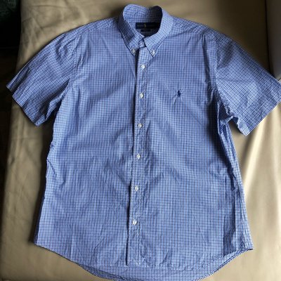 [品味人生] 保證正品 Polo Ralph Lauren 藍白格紋 短袖襯衫 休閒襯衫 size XL 適合XXL