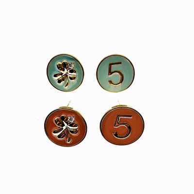 韓國 925純銀 水鑽 金屬 幸運草 數字5 雙色 耳針式耳環