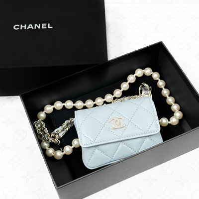 Chanel香奈兒baby藍珍珠鍊條腰包，有卡31開，全新