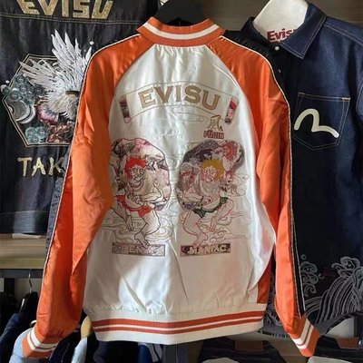 【熱賣精選】Evisu潮牌秋冬男女士棒球服風神刺繡拼色夾克外套