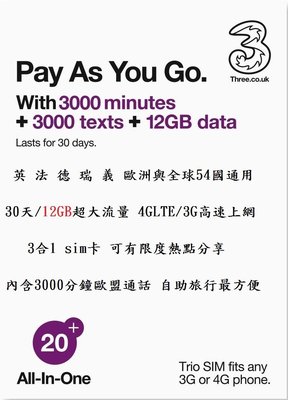 歐洲 越南 30天 12GB上網卡 網路卡 熱點分享