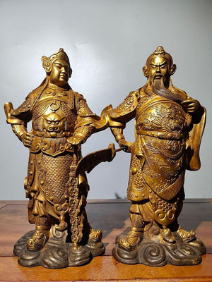 舊藏純銅鎏金佛像   關公韋陀神像兩尊  恭請供奉佛像擺件單個尺寸高25CM長13.5CM寬10CM，總重2 YWX55706