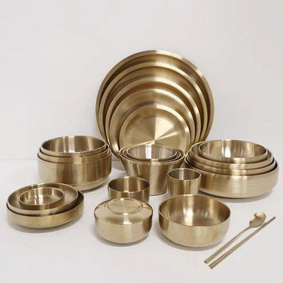 韓國鍍鎬鈦金304不銹鋼餐具銅色冷面碗烤肉盤小菜碟勺筷子湯飯皿