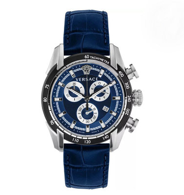 VERSACE V-Ray 藍色面錶盤 藍色皮革錶帶 石英 三眼計時 男士手錶 VE2I00721