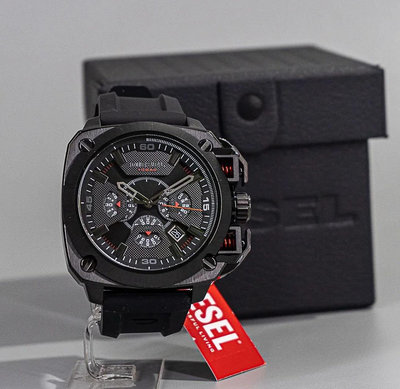 DIESEL Bamf 黑色錶盤 黑色橡膠錶帶 石英 三眼計時 男士手錶 DZ7356