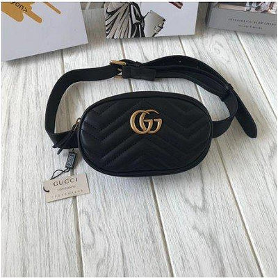 Gucci marmont 牛皮 復古系列 金GG logo 黑色 476434 腰包