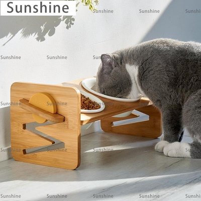 [Sunshine]hocc可調節斜口貓碗雙碗保護頸椎陶瓷貓糧吃飯碗寵物餐桌狗碗狗盆