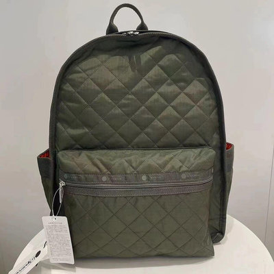 LeSportsac 3747 軍綠 菱格壓紋 雙主袋多夾層設計 大容量 輕量雙肩降落傘防水後背包 書包 旅行 限量推薦