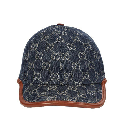 【GUCCI 古馳】滿版Logo 皮革滾邊 棒球帽 帽子 牛仔 丹寧 藍色 656206 M