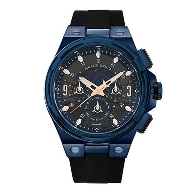 『ARIES GOLD 雅力士 』強悍本質～黑面藍框鏤空機芯～矽膠帶 運動腕錶 G7016 BU-BURG