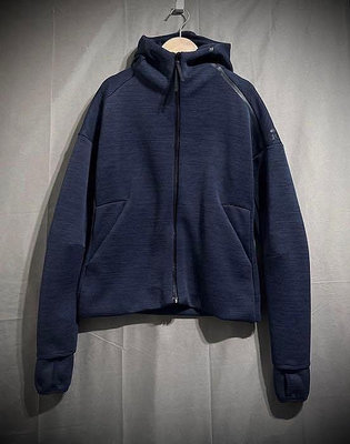 Adidas ZNE 快速拉鍊立體剪裁太空棉連帽運動外套 深藍灰 hoodie 女 M