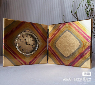 日本中古金箔漆器  金沢箔一古代箔屏風時鐘 樹脂木粉胎 全新40992