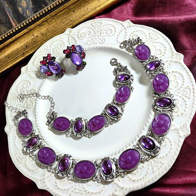 vintage中古復古紫色雕花果凍琉璃項鏈手鏈銀耳釘耳環套裝女