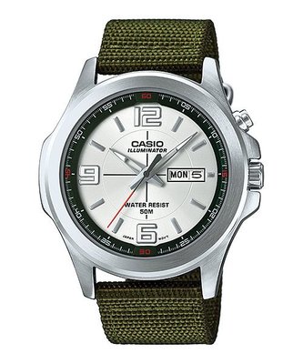 CASIO WATCH 卡西歐清晰LED照明防水50M中性石英綠帆布帶腕錶 型號：MTP-E202-3A