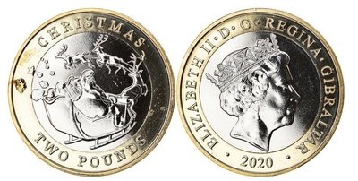 現貨熱銷-【紀念幣】特惠直布羅陀硬幣2020年2鎊雙金屬紀念幣(圣誕節)全新UNC