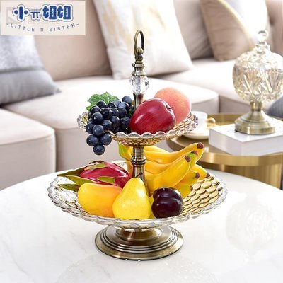 熱銷 創意玻璃果盤擺件現代客廳茶幾臥室家用擺設裝飾品雙層糖果零食盤