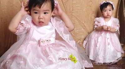 HoneyBaby~NO.125~小花童~貴族風華麗小禮服洋裝,薄紗長外套2件式(白色 淺粉色)