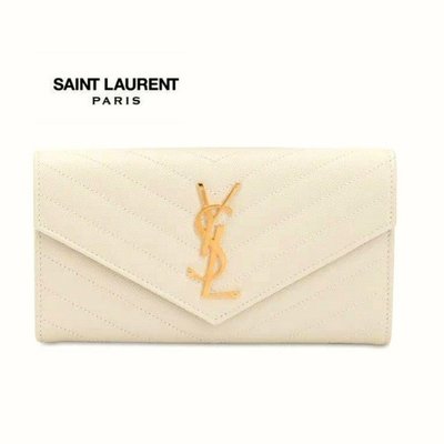 Saint Laurent Paris YSL ( 白色×金色 )立體金屬LOGO 真皮壓紋長夾 皮夾 錢包｜100%全新正品