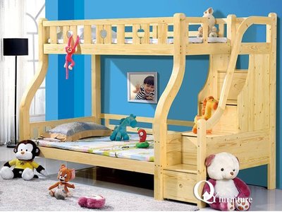雙層床 全松木5尺實木步梯收納雙層床(右邊上樓梯)兒童床上下床雙層床 原木(DL180-S360-1.5)南部免運費
