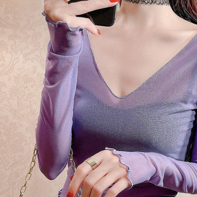 上新 舞蹈網紗上衣 V領透視網紗打底衫長袖薄款內搭鏤空蕾絲紫色上衣 性感紗衣
