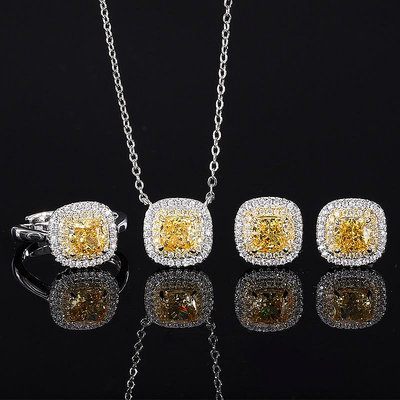 現貨新款莊生生珠寶首飾套裝高碳鉆冰花切銅鑲黃鉆套裝主石6*6珠寶首飾